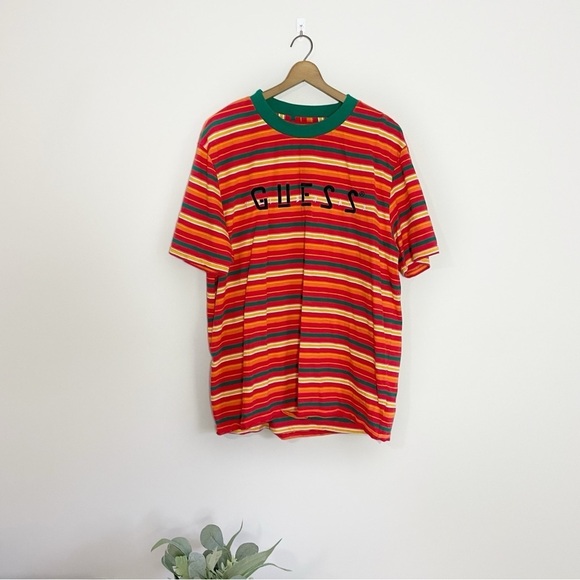 [Guess] Vintage Colorful Striped Short Sleeve Crewneck T-shirt - Picture 1 of 6